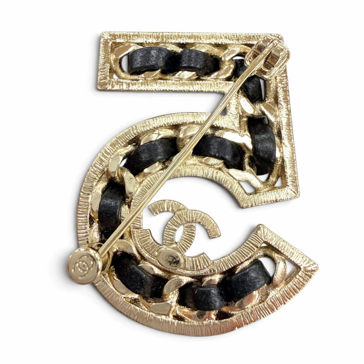 Excellent CHANEL Brooch No. 5 COCO Mark Rhinestone Leather gold Women B23P