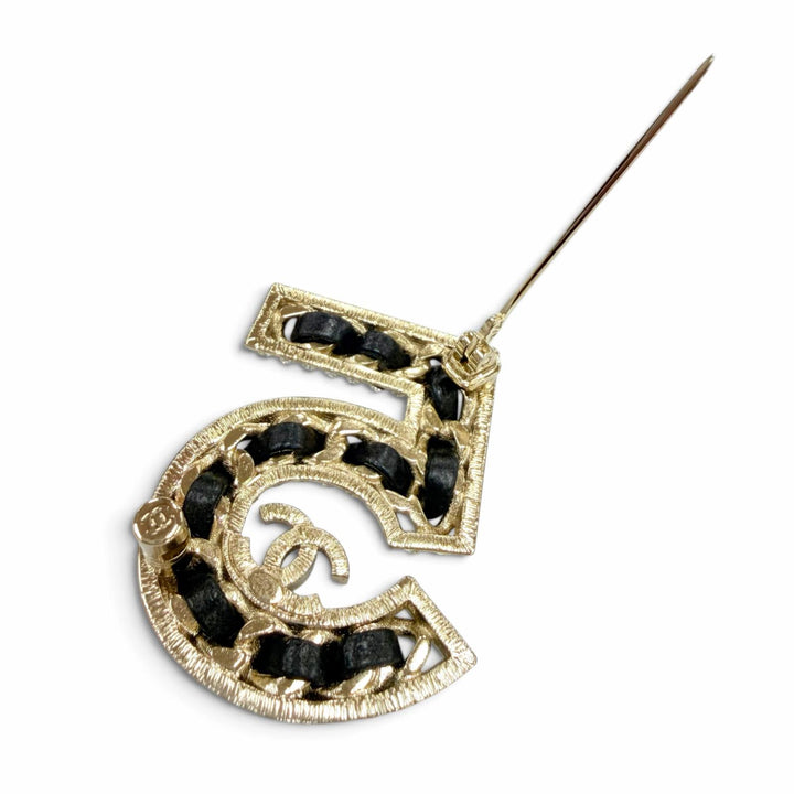 Excellent CHANEL Brooch No. 5 COCO Mark Rhinestone Leather gold Women B23P