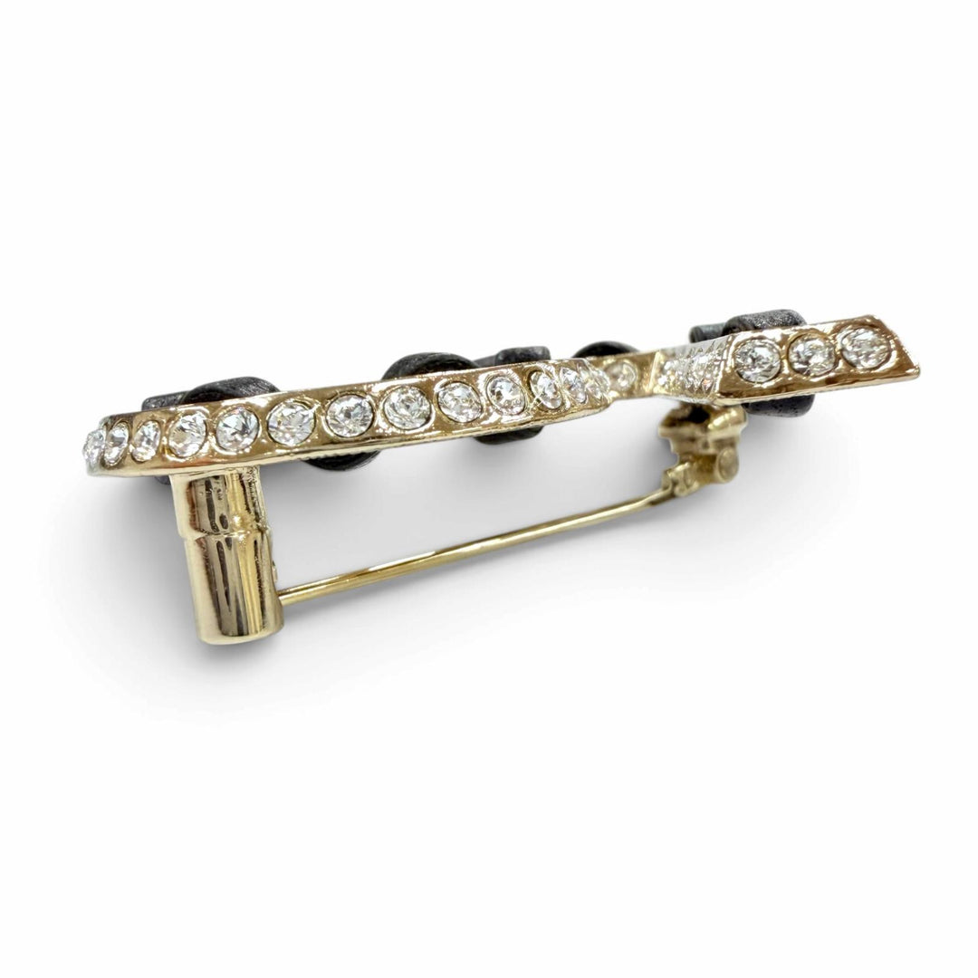 Excellent CHANEL Brooch No. 5 COCO Mark Rhinestone Leather gold Women B23P