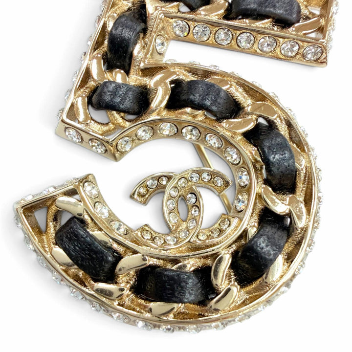 Excellent CHANEL Brooch No. 5 COCO Mark Rhinestone Leather gold Women B23P