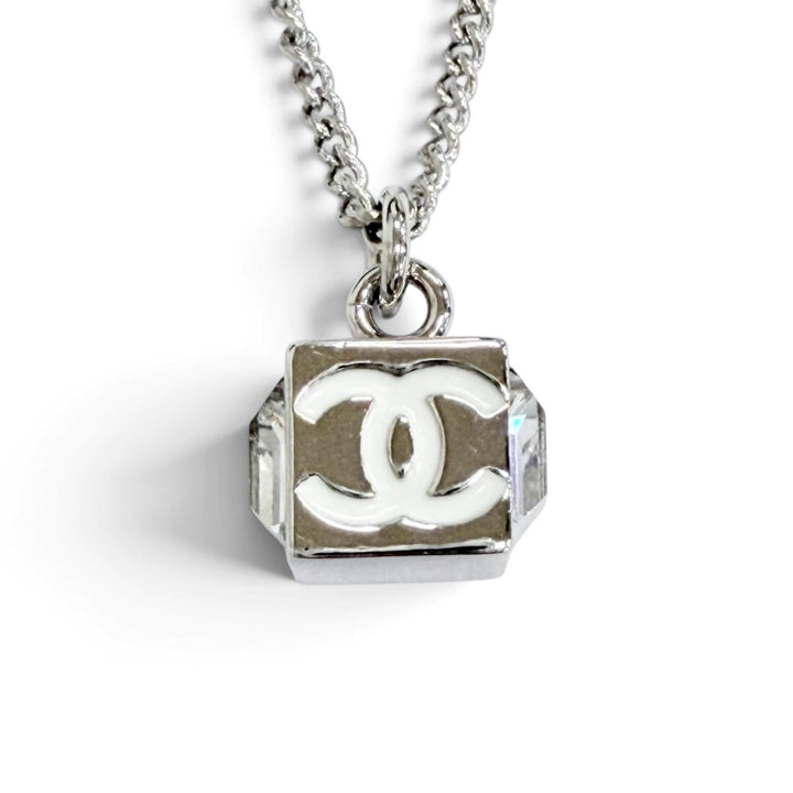 Excellent CHANEL CC Logo COCO Mark Crystal Cube Necklace Pendant Silver B25C