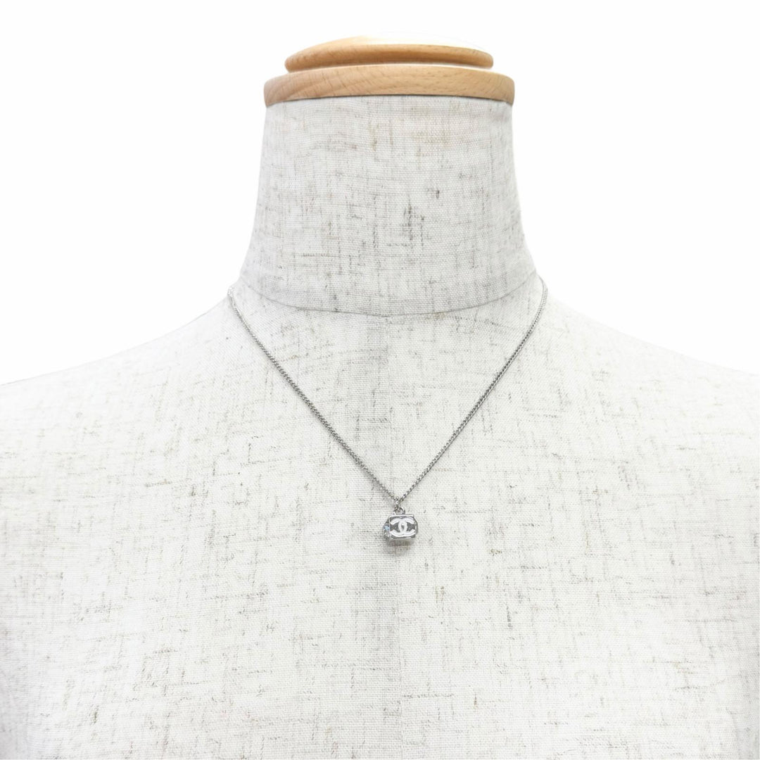 Excellent CHANEL CC Logo COCO Mark Crystal Cube Necklace Pendant Silver B25C