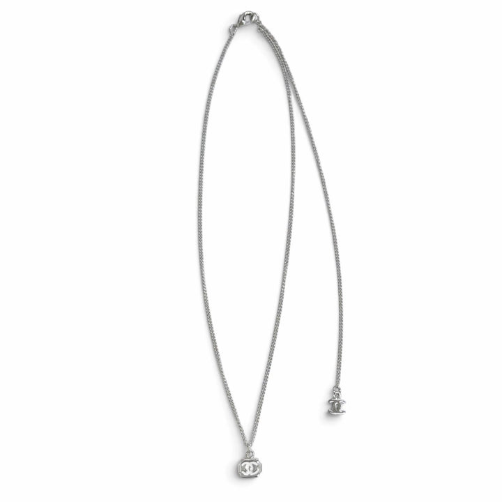 Excellent CHANEL CC Logo COCO Mark Crystal Cube Necklace Pendant Silver B25C