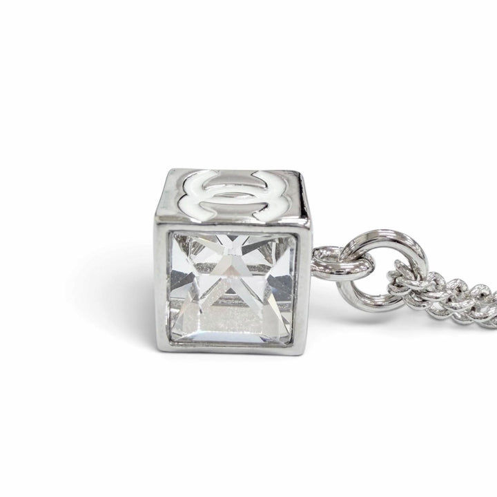 Excellent CHANEL CC Logo COCO Mark Crystal Cube Necklace Pendant Silver B25C