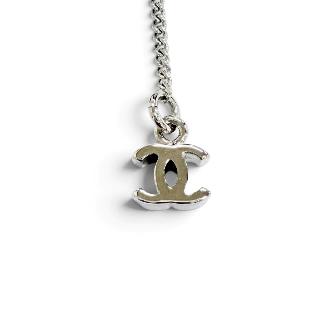 Excellent CHANEL CC Logo COCO Mark Crystal Cube Necklace Pendant Silver B25C