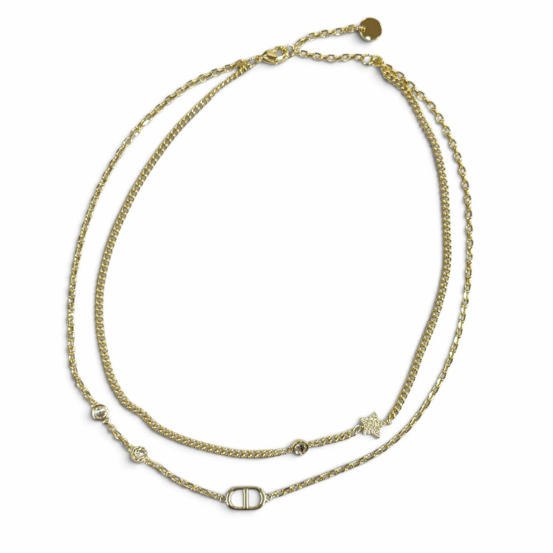 Excellent DIOR Necklace Petit CD Double Necklace Rhinestone Star Charm gold