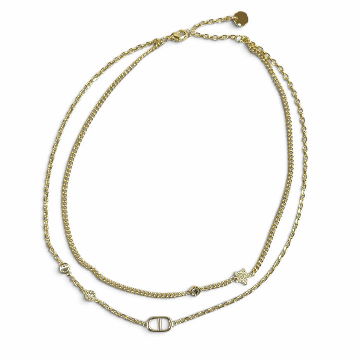 Excellent DIOR Necklace Petit CD Double Necklace Rhinestone Star Charm gold
