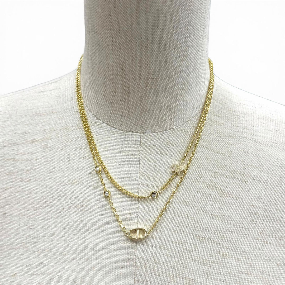 Excellent DIOR Necklace Petit CD Double Necklace Rhinestone Star Charm gold