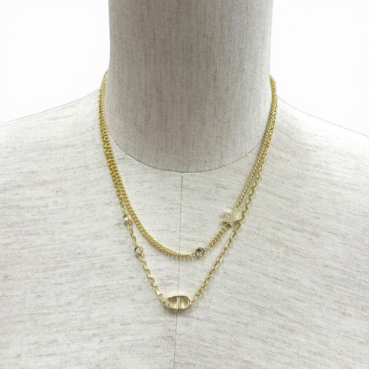 Excellent DIOR Necklace Petit CD Double Necklace Rhinestone Star Charm gold