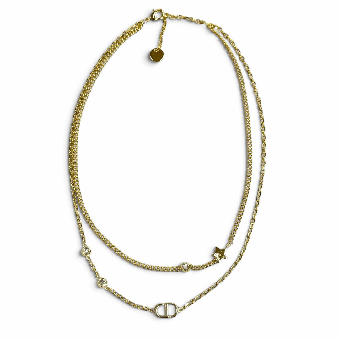 Excellent DIOR Necklace Petit CD Double Necklace Rhinestone Star Charm gold