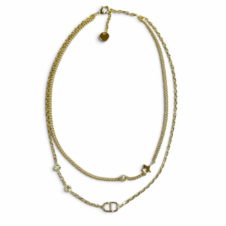 Excellent DIOR Necklace Petit CD Double Necklace Rhinestone Star Charm gold