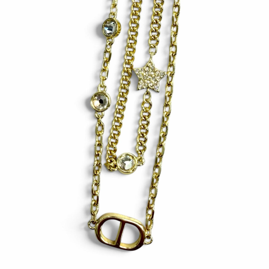 Excellent DIOR Necklace Petit CD Double Necklace Rhinestone Star Charm gold