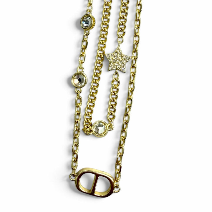 Excellent DIOR Necklace Petit CD Double Necklace Rhinestone Star Charm gold