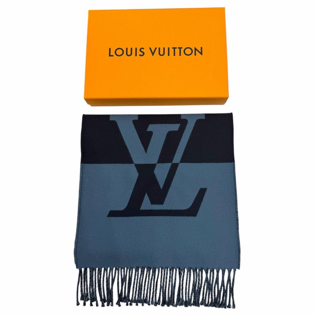 Great LOUIS VUITTON Scarf Muffler Graphic Dual With fringe Navy wool mens M78399