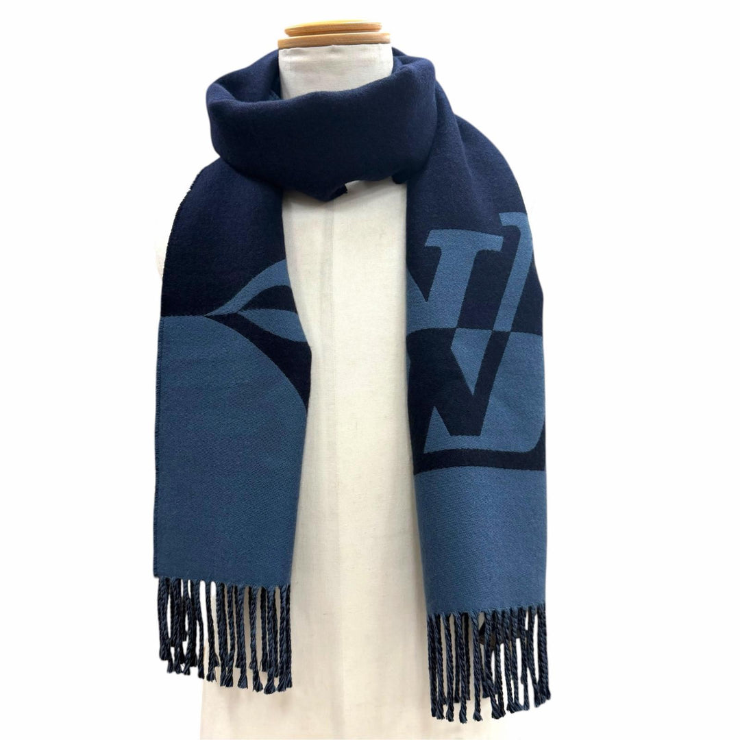 Great LOUIS VUITTON Scarf Muffler Graphic Dual With fringe Navy wool mens M78399