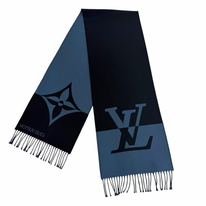 Great LOUIS VUITTON Scarf Muffler Graphic Dual With fringe Navy wool mens M78399