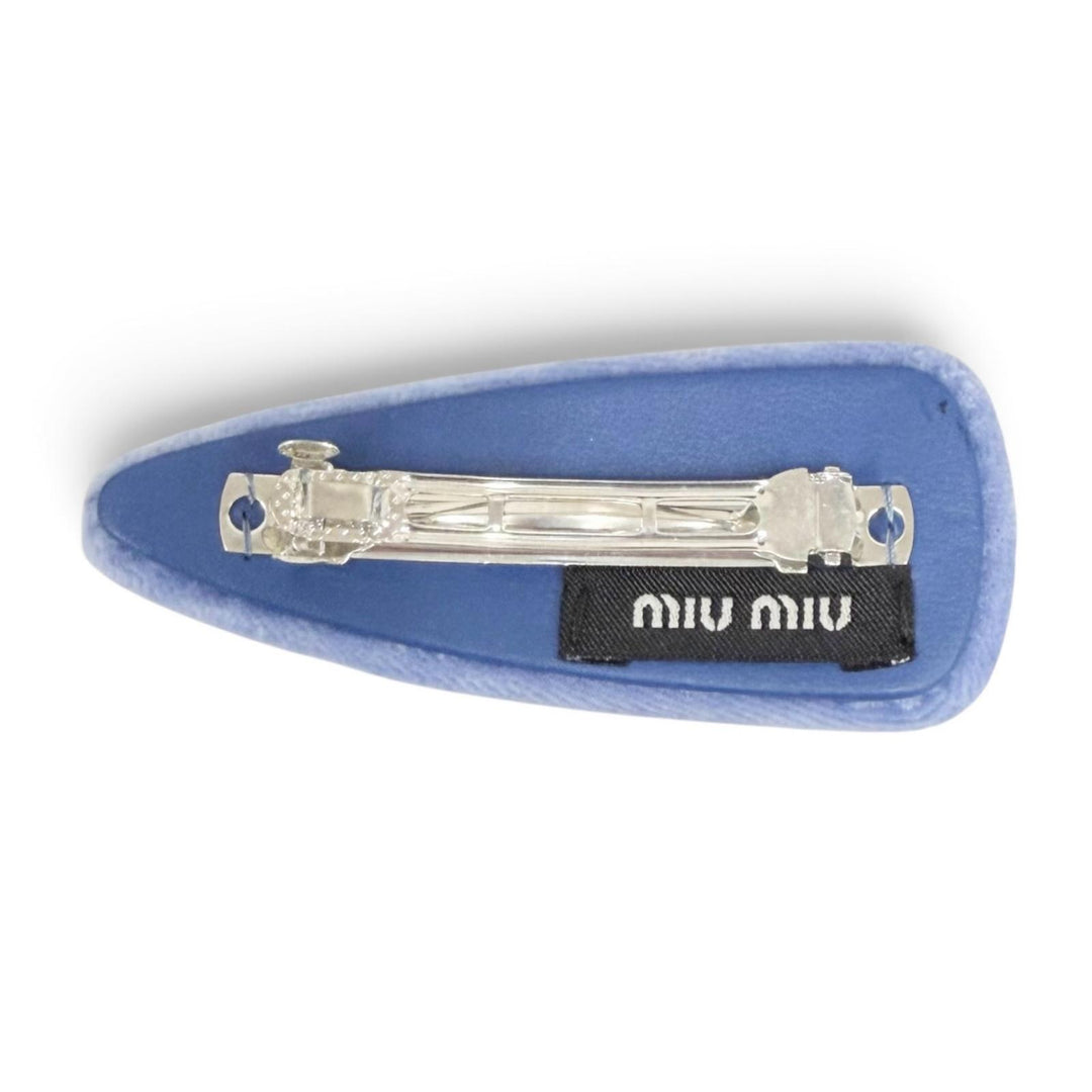 Great MIUMIU Valletta Logo Rhinestone Velour Hair Clip HairAccessory blue 5IF092