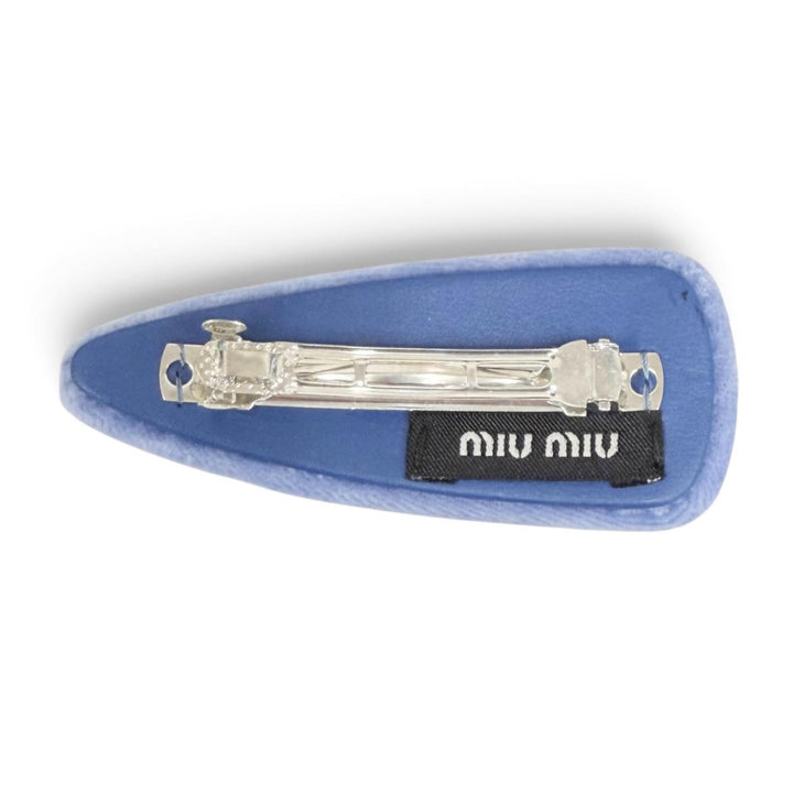 Great MIUMIU Valletta Logo Rhinestone Velour Hair Clip HairAccessory blue 5IF092