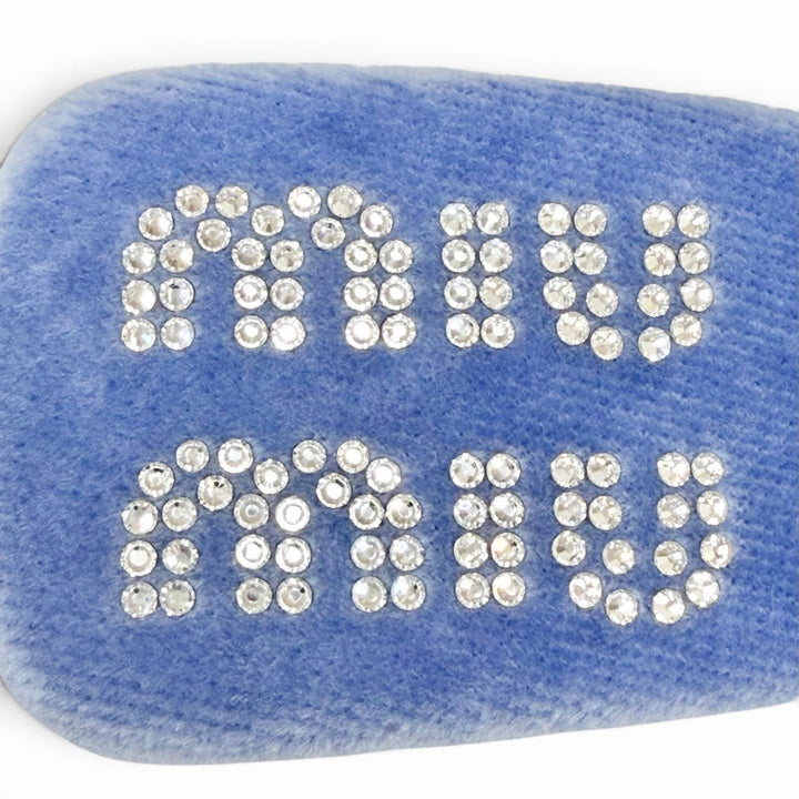 Great MIUMIU Valletta Logo Rhinestone Velour Hair Clip HairAccessory blue 5IF092