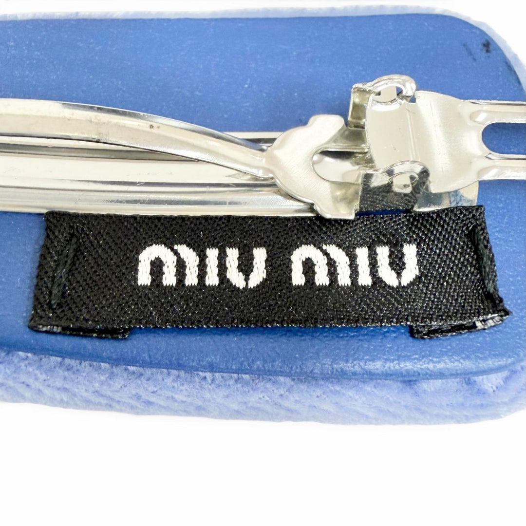 Great MIUMIU Valletta Logo Rhinestone Velour Hair Clip HairAccessory blue 5IF092
