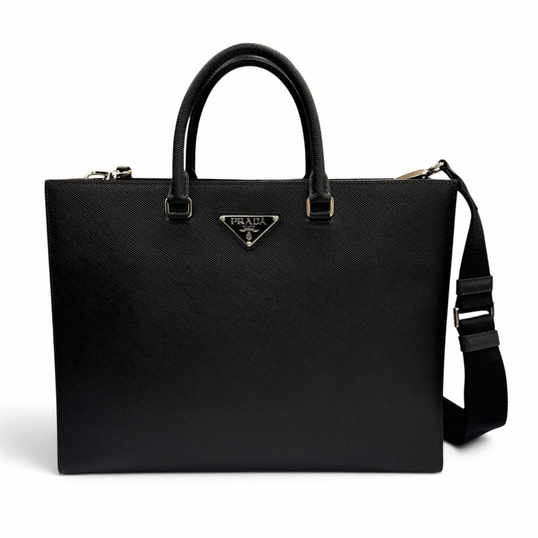 Excellent PRADA Tote Bag black Safiano leather mens 2VG101