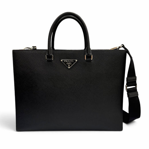 Excellent PRADA Tote Bag black Safiano leather mens 2VG101