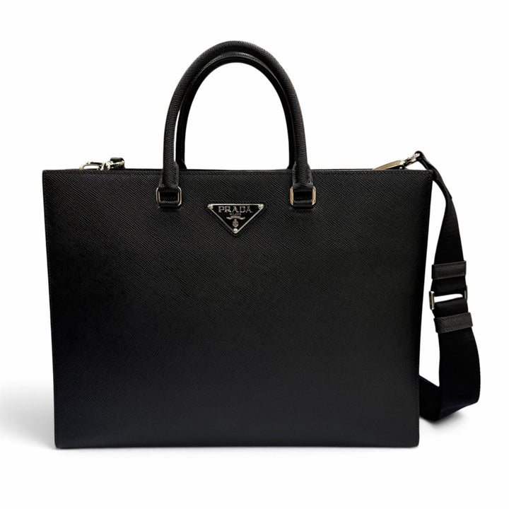 Excellent PRADA Tote Bag black Safiano leather mens 2VG101