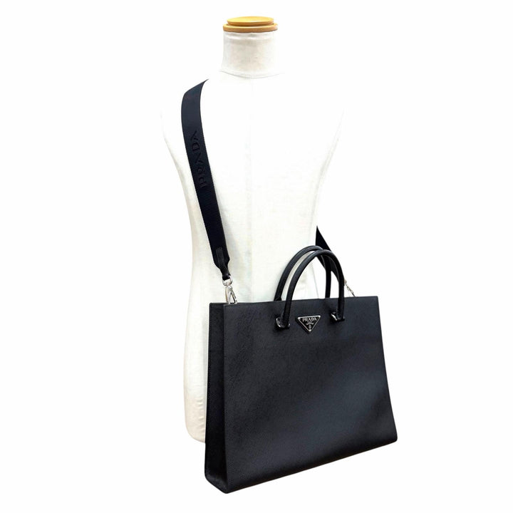 Excellent PRADA Tote Bag black Safiano leather mens 2VG101
