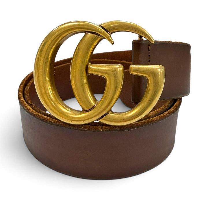 Excellent GUCCI belt Double G Wide Brown leather mens 409416 493949
