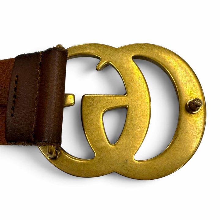Excellent GUCCI belt Double G Wide Brown leather mens 409416 493949