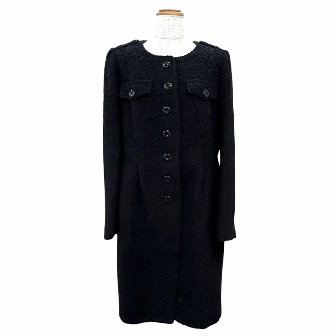 Great BURBERRY LONDON coat Logo button collarless long dress black wool Women 44