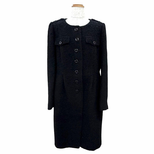 Great BURBERRY LONDON coat Logo button collarless long dress black wool Women 44