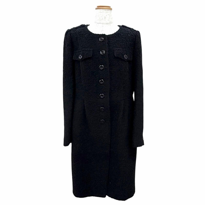 Great BURBERRY LONDON coat Logo button collarless long dress black wool Women 44