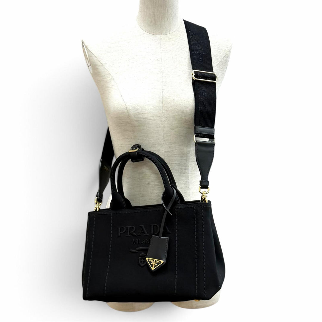 Excellent PRADA Tote Bag Jardinière Small Cotton Canvas Handbag Canapa
