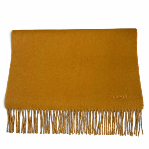 Great HERMES Scarf Recto Verso Logo embroidery fringe Camel cashmere mens