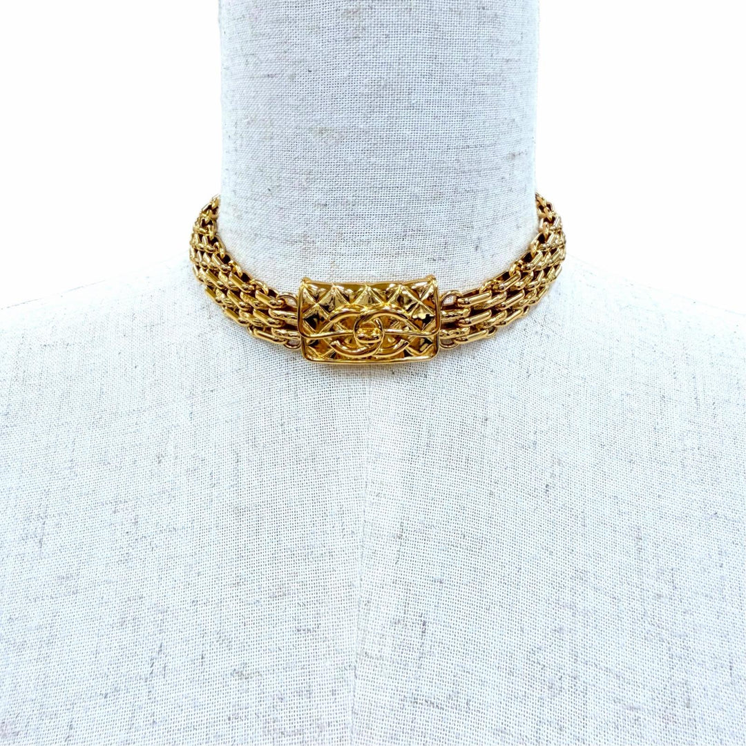 Excellent CHANEL Necklace COCO Mark Matelassé Bag Motif Choker gold B23K ABB839