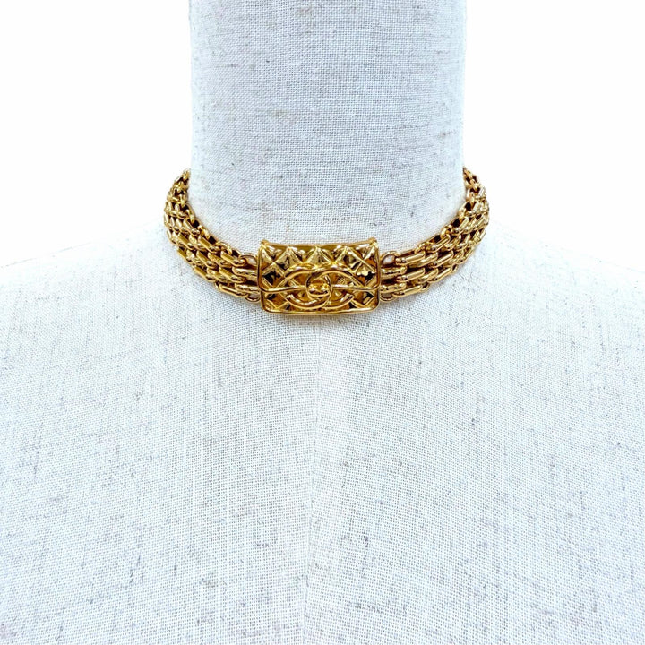 Excellent CHANEL Necklace COCO Mark Matelassé Bag Motif Choker gold B23K ABB839