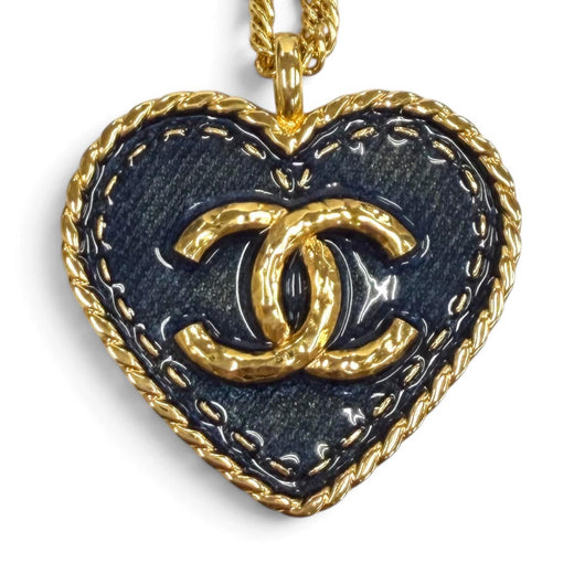 Excellent CHANEL Necklace COCO Mark Heart Denim Chain Navy Women I24P ABC708