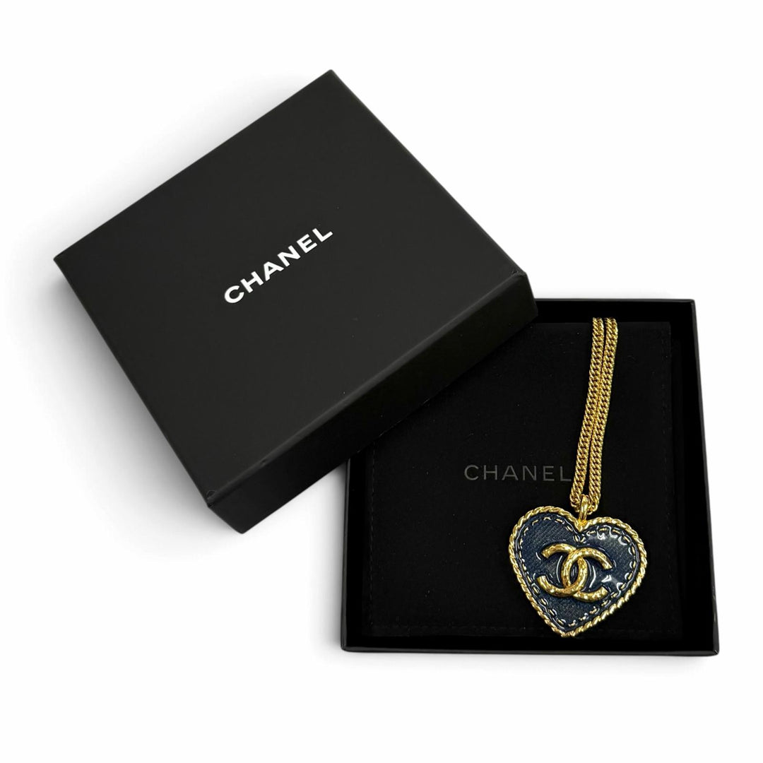 Excellent CHANEL Necklace COCO Mark Heart Denim Chain Navy Women I24P ABC708