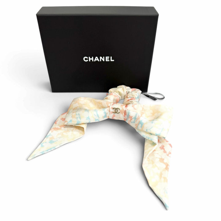 Pristine CHANEL COCOMark Ribbon Pattern Scrunchie Hair Accessory multicolor silk