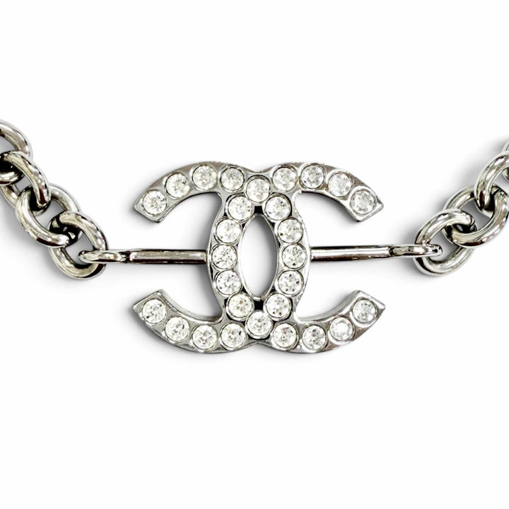 Very Good CHANEL Necklace COCO Mark Rhinestone Chain Silver Women B25C ABE839