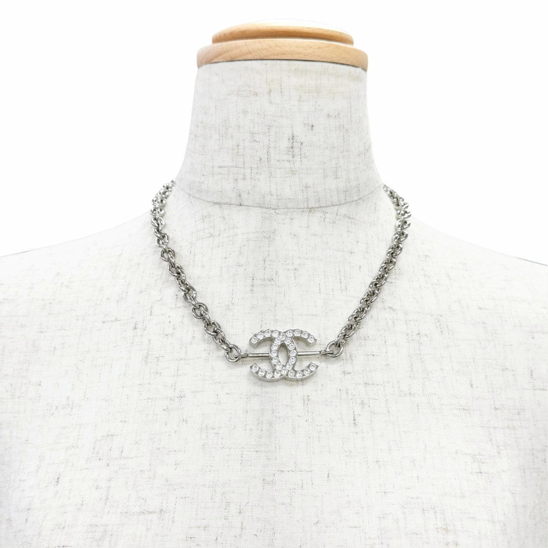 Very Good CHANEL Necklace COCO Mark Rhinestone Chain Silver Women B25C ABE839