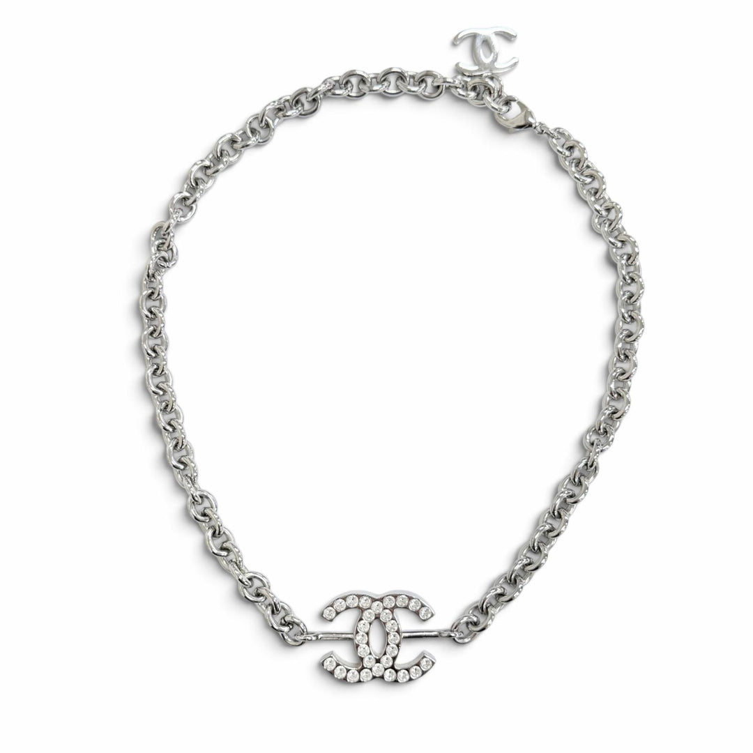 Very Good CHANEL Necklace COCO Mark Rhinestone Chain Silver Women B25C ABE839