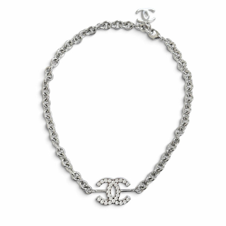 Very Good CHANEL Necklace COCO Mark Rhinestone Chain Silver Women B25C ABE839
