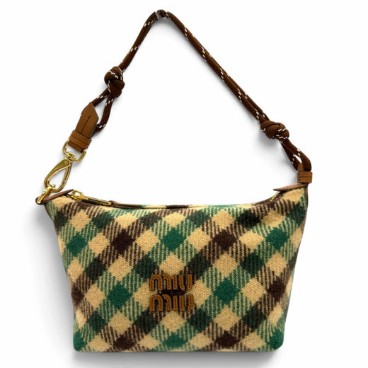 Excellent MIUMIU Handbag Spirit Gabardine Pouch check green wool Women 5NE841