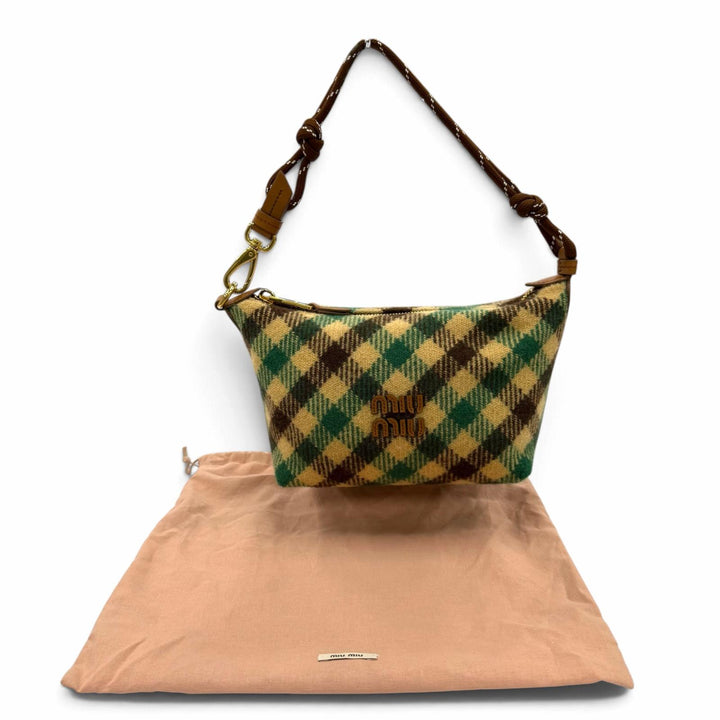 Excellent MIUMIU Handbag Spirit Gabardine Pouch check green wool Women 5NE841
