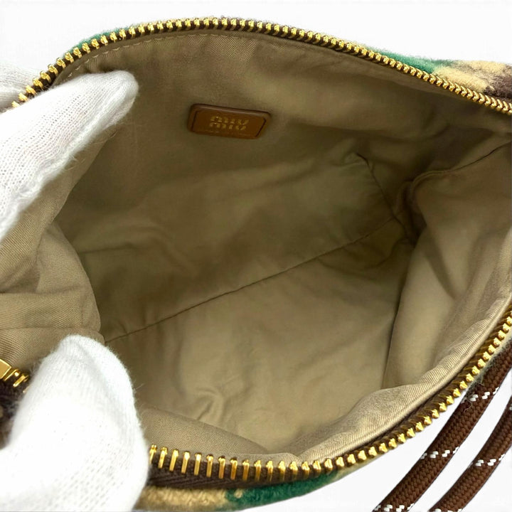 Excellent MIUMIU Handbag Spirit Gabardine Pouch check green wool Women 5NE841