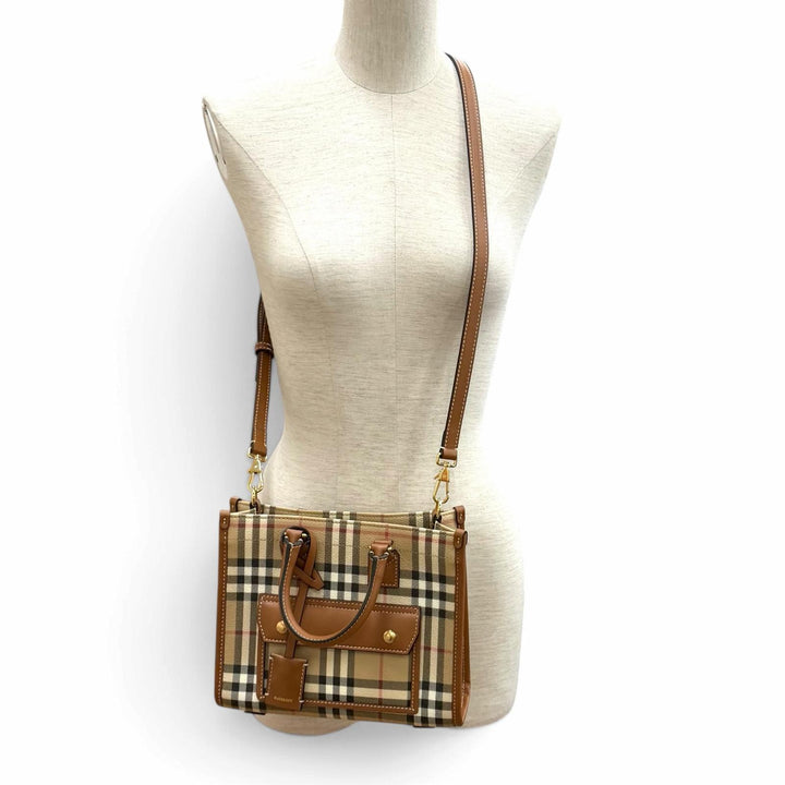 Excellent BURBERRY Nova Check Pattern Leather Trim Mini Freya Tote 2WAY 8097566
