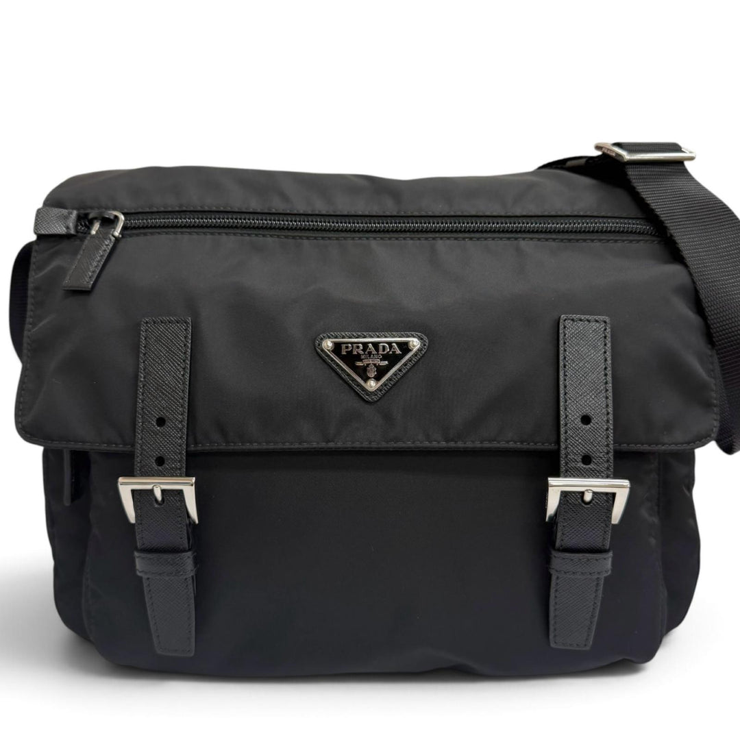 Excellent PRADA Shoulder Bag Triangle Logo Re-Nylon Messenger Bag black