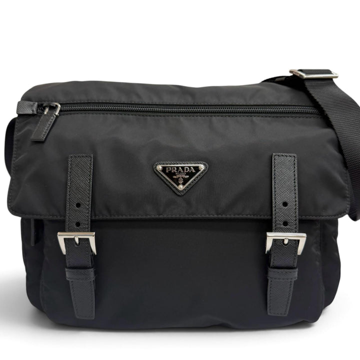 Excellent PRADA Shoulder Bag Triangle Logo Re-Nylon Messenger Bag black